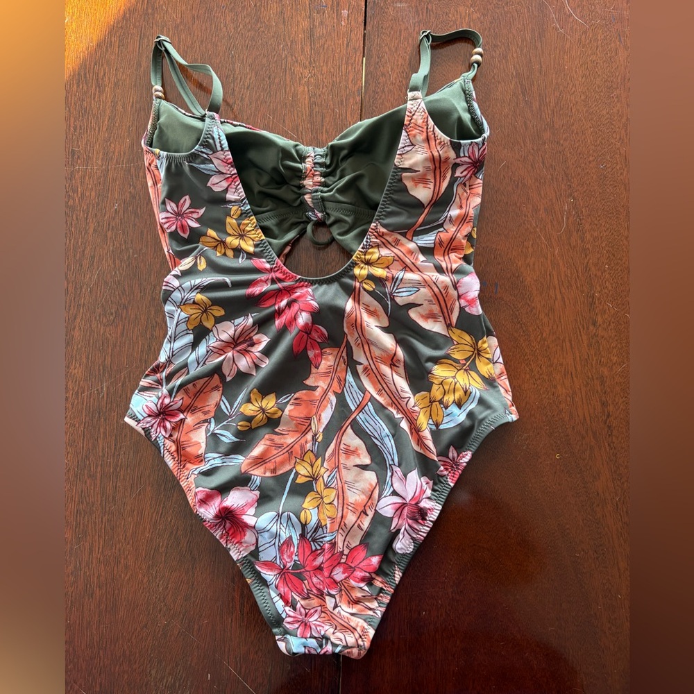 Sanctuary Olive Multi Floral Tie-Front One-Piece Swimsuit - Picture 3 of 5